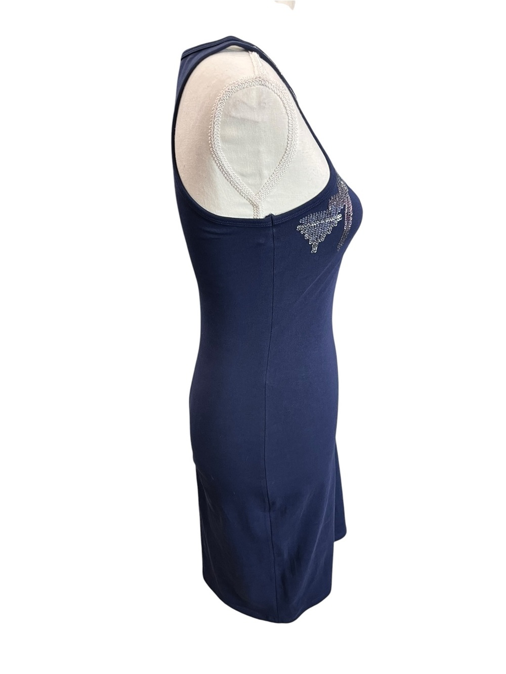 Express Sequin Aztec Bodycon Dress XS Navy Blue Racerback Stretch Mini - Picture 4 of 10